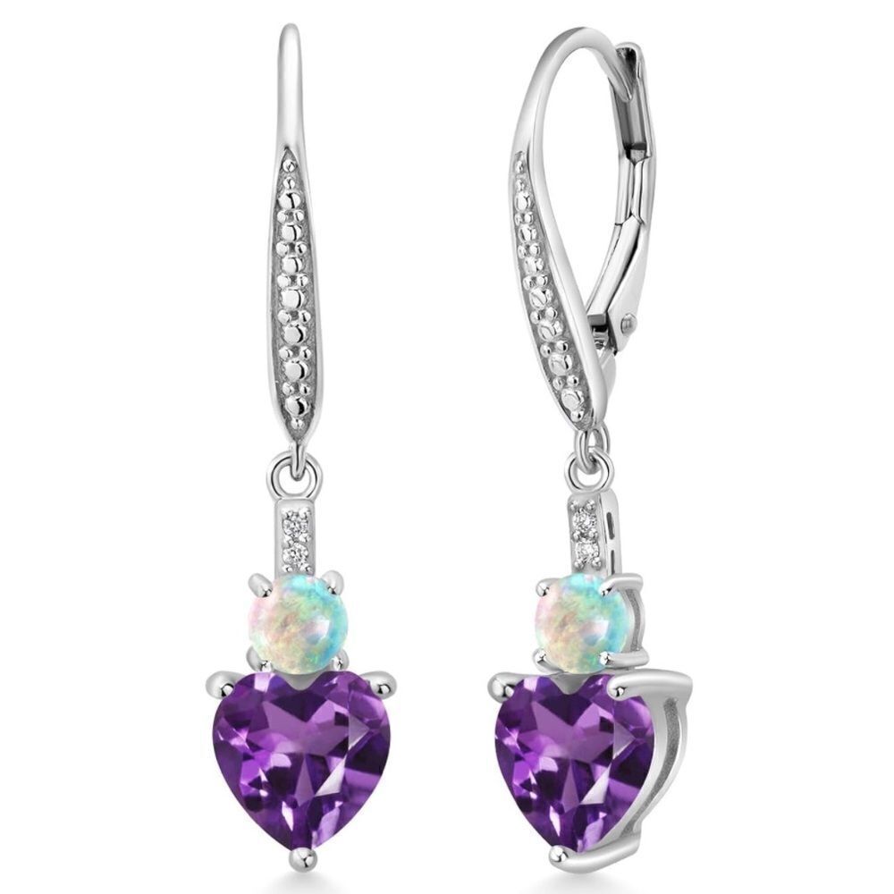 925 Sterling Silver with 2.33 Cttw Amethyst and White Opal Heart Drop Earrings